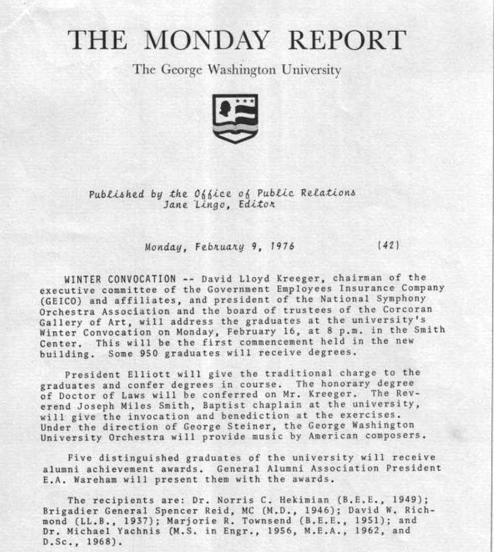GW Public Relations publication titled "The Monday Report" dated February 9, 1976