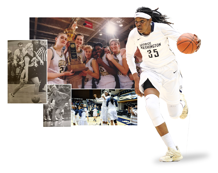 Jonquel Jones racing forward in foreground, photos of GW women's basketball teams through the years in background