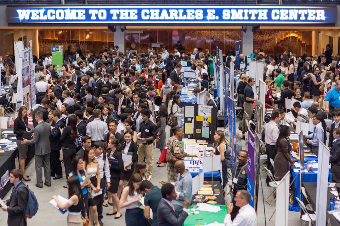Crowd of students at the 2013 career fair in the Charles E. Smith Center